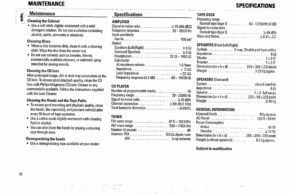 Maintenance, Specifications, Subject to modification | Philips FW338C User Manual | Page 26 / 30