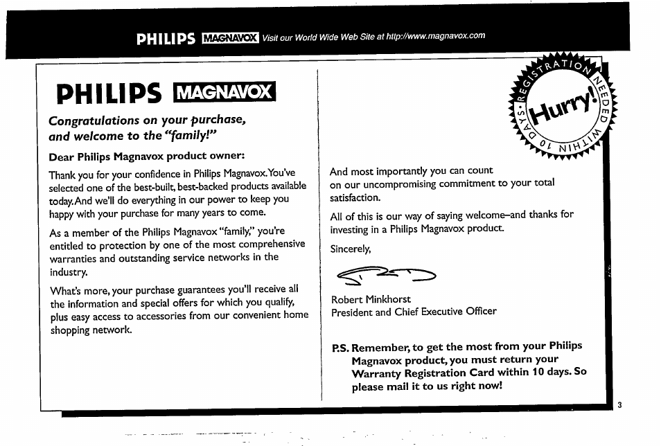 Philips, Magnavox, Dear philips magnavox product owner | Philips FW338C User Manual | Page 3 / 30