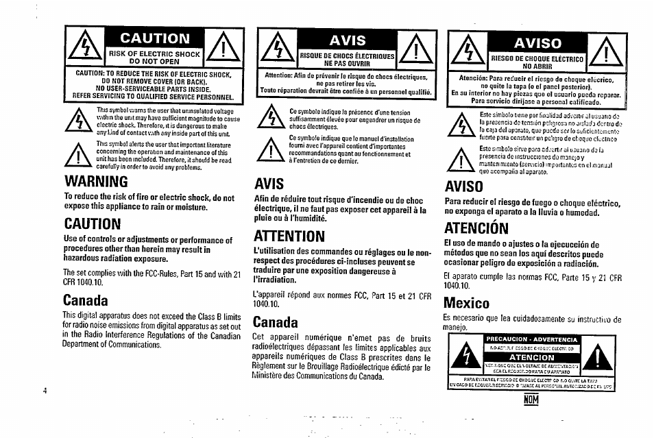 Warning, Caution, Canada | Avis, Ahention, Aviso, Atención, México, Within | Philips FW338C User Manual | Page 4 / 30