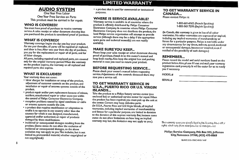 Limited warranty, Audio system, Limited warranty audio system | Philips FW338C User Manual | Page 8 / 30