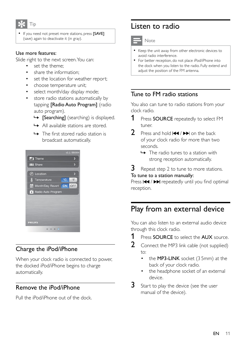 Charge the ipod/iphone, Remove the ipod/iphone, Listen to radio | Play from an external device | Philips AJ5300D User Manual | Page 10 / 15