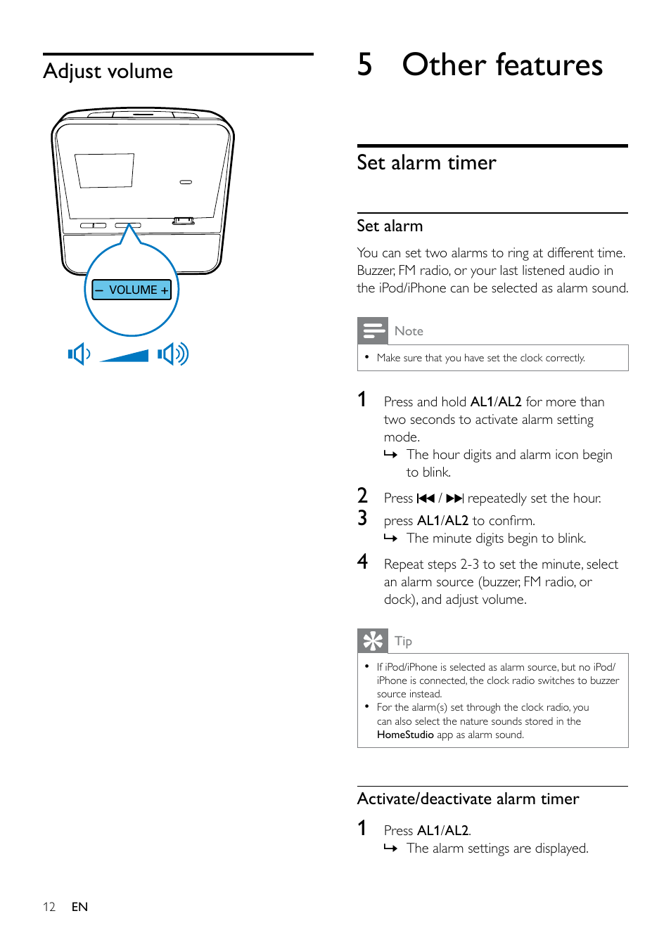 Listen to radio, Tune to fm radio stations, Play from an external device | Adjust volume, 5 other features, Set alarm timer | Philips AJ5300D User Manual | Page 11 / 15