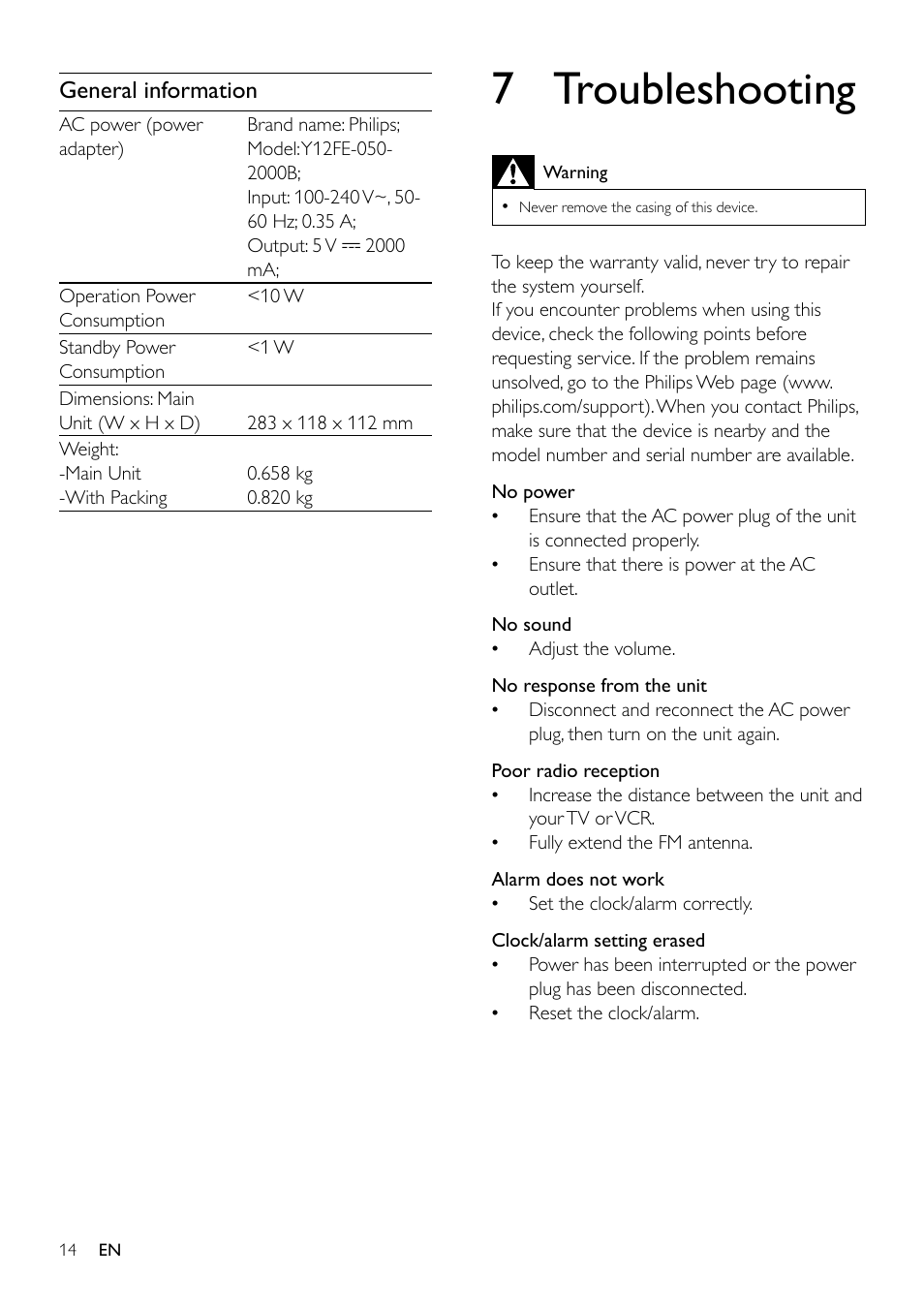 6 product information, Specifications, Amplifier | Tuner (fm), Speakers, General information, 7 troubleshooting | Philips AJ5300D User Manual | Page 13 / 15