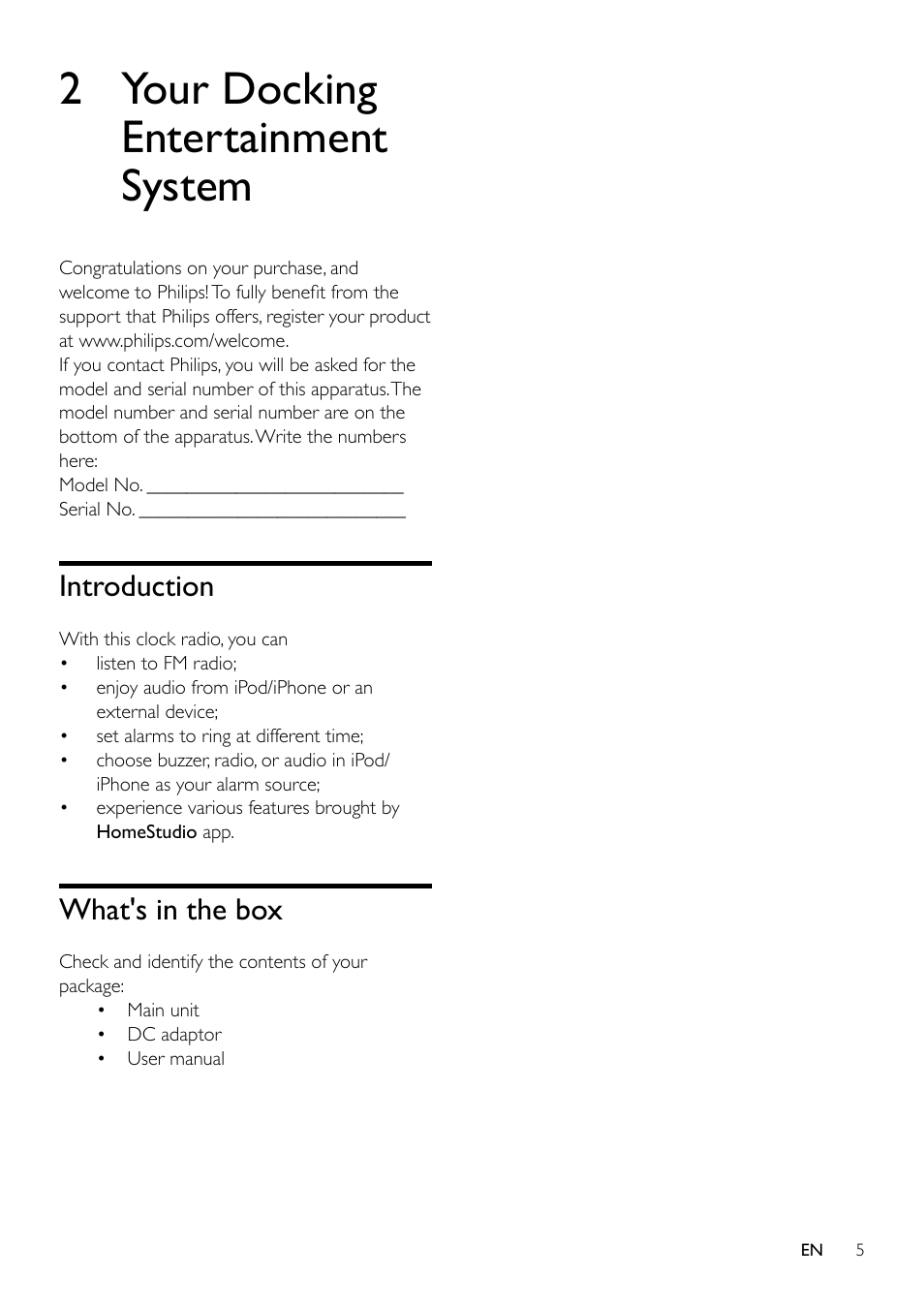 2 your docking entertainment system, Introduction, What's in the box | Introduction 5 | Philips AJ5300D User Manual | Page 4 / 15
