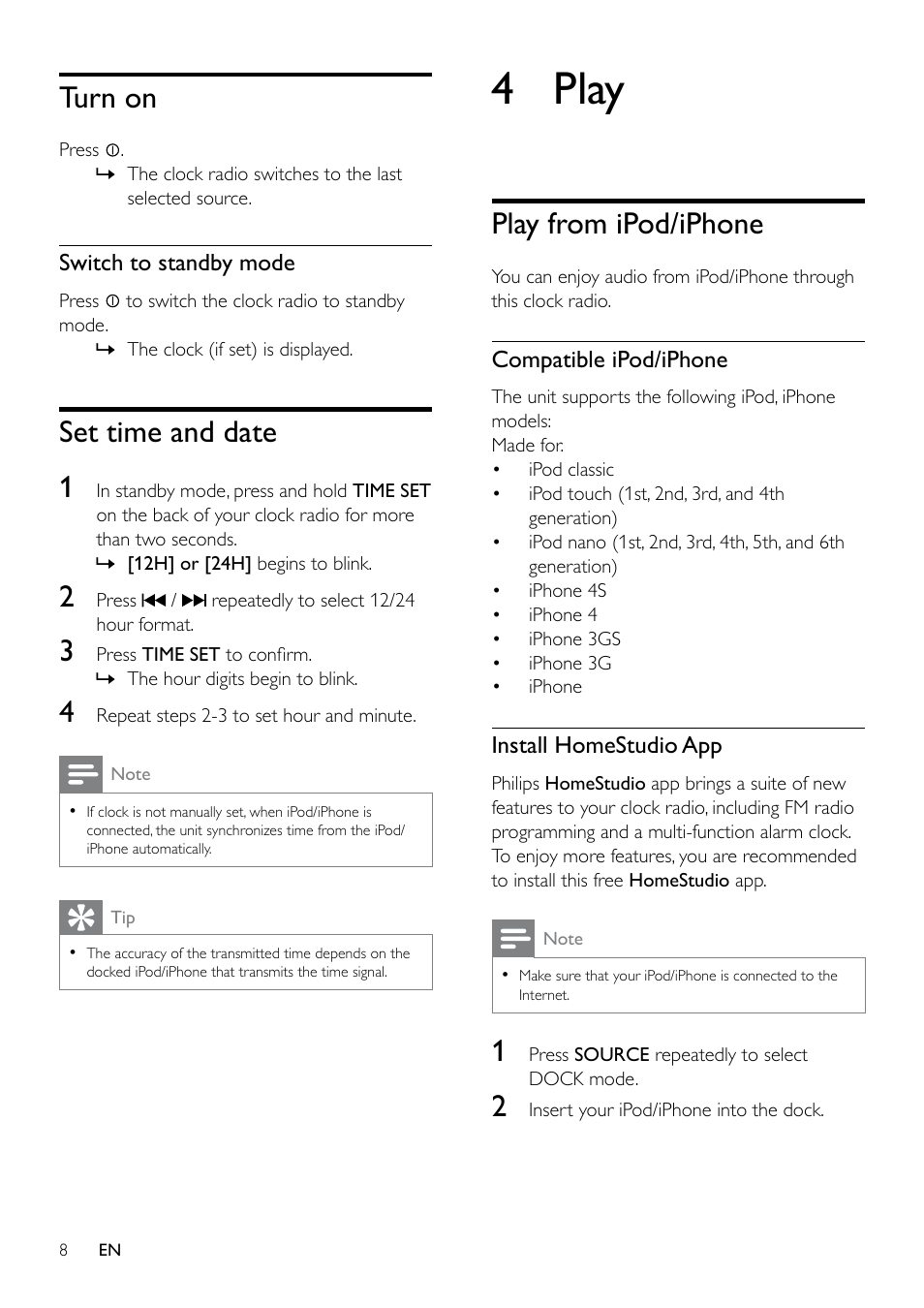 3 get started, Connect power, Turn on | Switch to standby mode, Set time and date, 4 play, Play from ipod/iphone, Set time and date 1 | Philips AJ5300D User Manual | Page 7 / 15