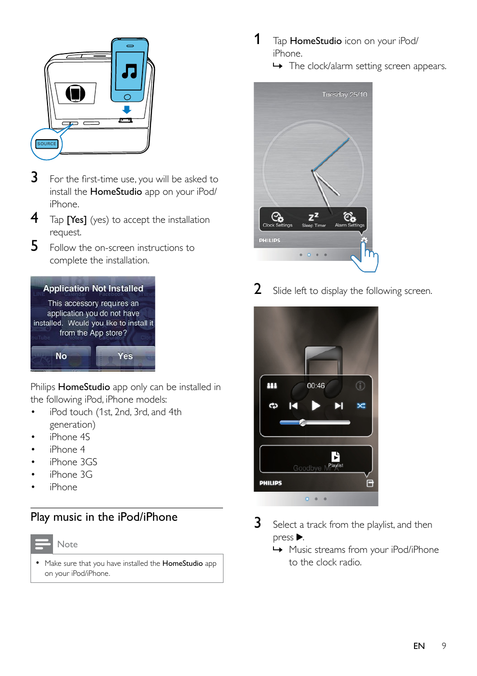 4 play, Play from ipod/iphone, Compatible ipod/iphone | Install homestudio app, Play music in the ipod/iphone | Philips AJ5300D User Manual | Page 8 / 15