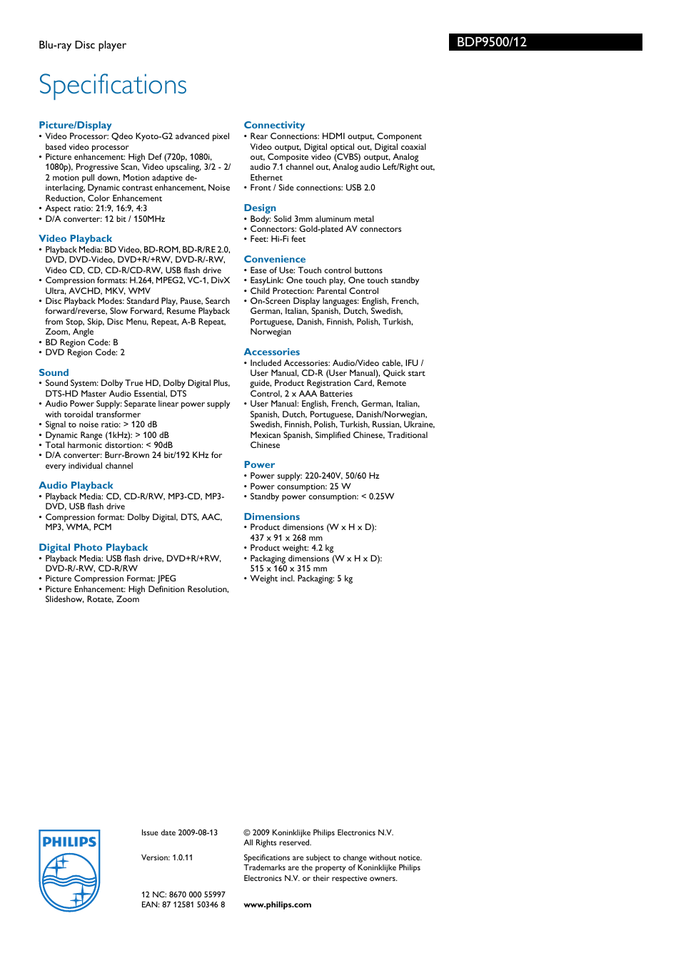 Specifications | Philips Blu-ray Disc player BDP9500 User Manual | Page 3 / 3