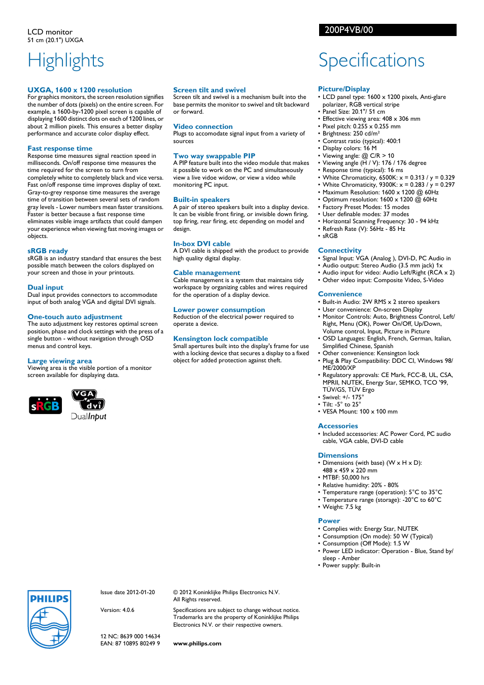 Highlights, Specifications | Philips UXGA 200P4VB/00LCD User Manual | Page 2 / 2