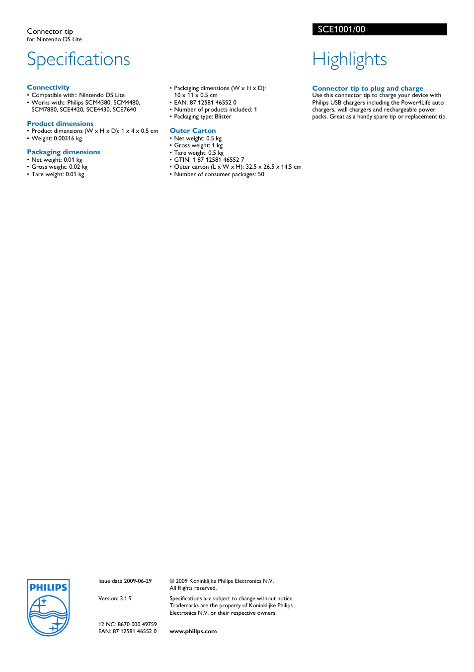 Specifications, Highlights | Philips SCE1001 User Manual | Page 2 / 2