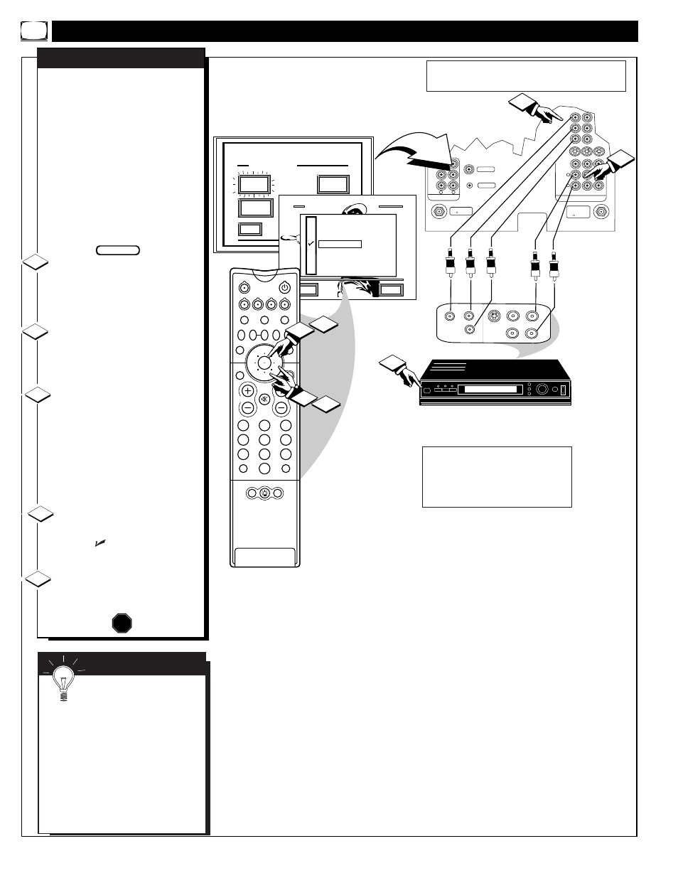 Sing the, Udio, Ideo | Nput, Acks, Continued, Video out jacks from the dvd player to the (y p, Stop, Mart | Philips 60P9271 User Manual | Page 36 / 60