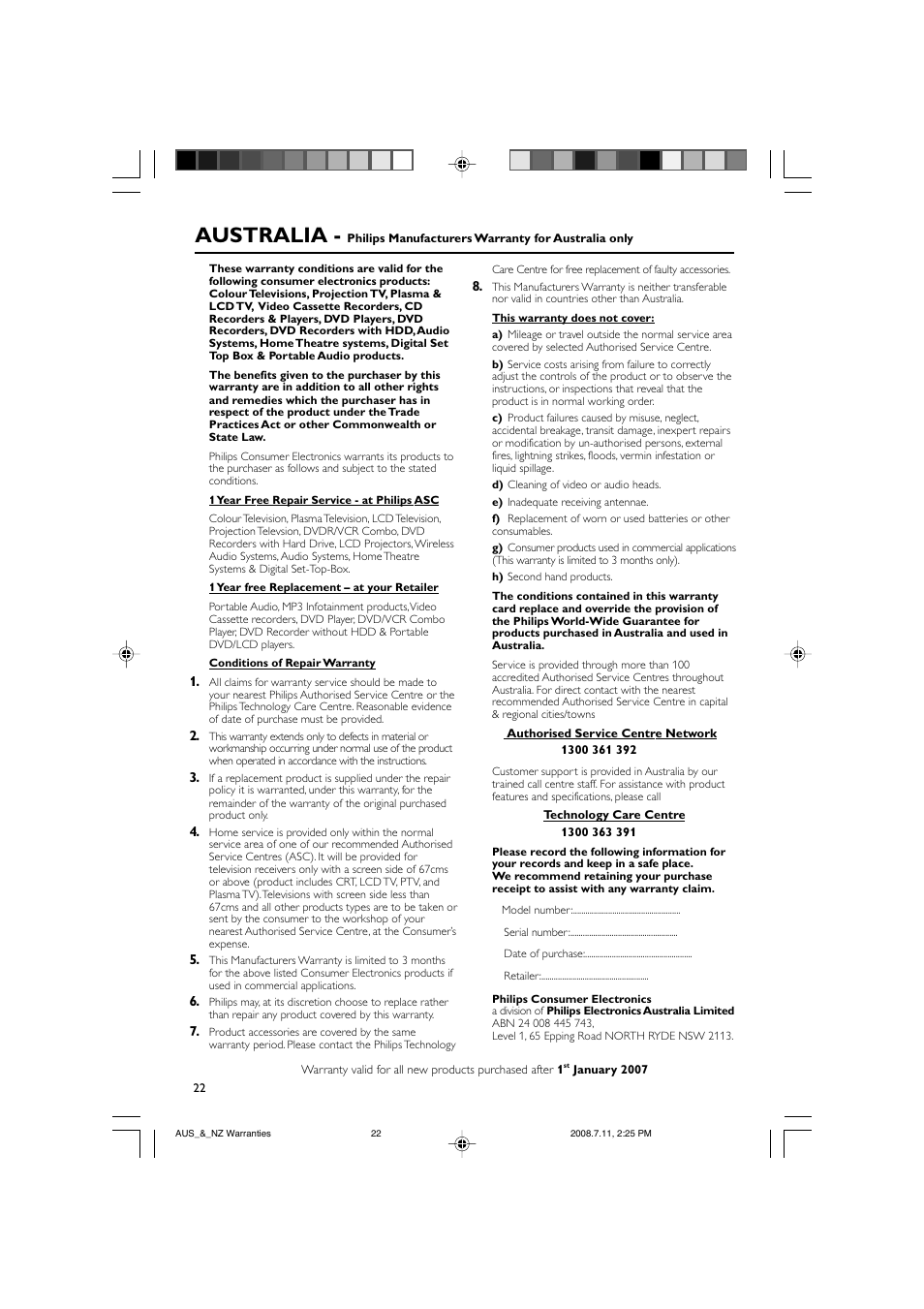 Australia | Philips DC185 User Manual | Page 18 / 19