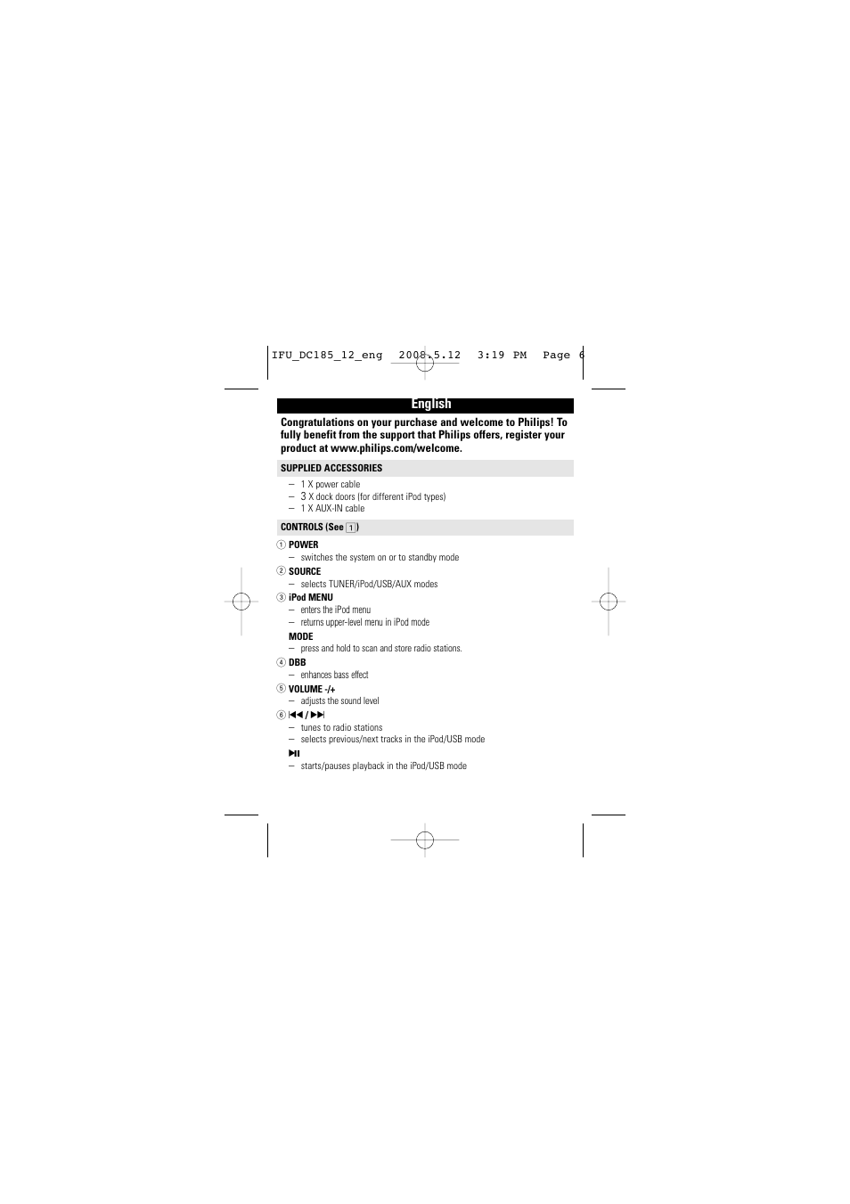 English | Philips DC185 User Manual | Page 6 / 19