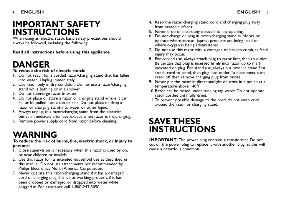 Save these instructions, Important safety instructions, Danger | Warning | Philips 8270XL User Manual | Page 3 / 13