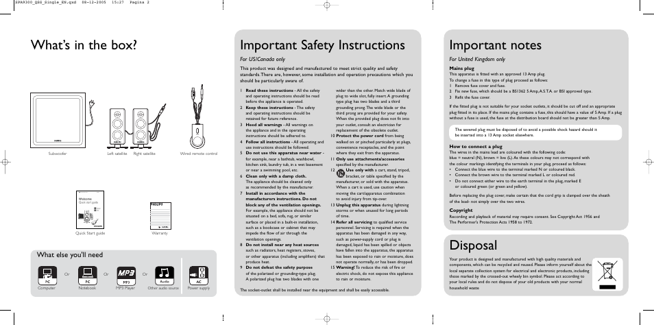 Important safety instructions, What’s in the box, Disposal | What else you'll need, For us/canada only, For united kingdom only | Philips SPA9300 User Manual | Page 2 / 2