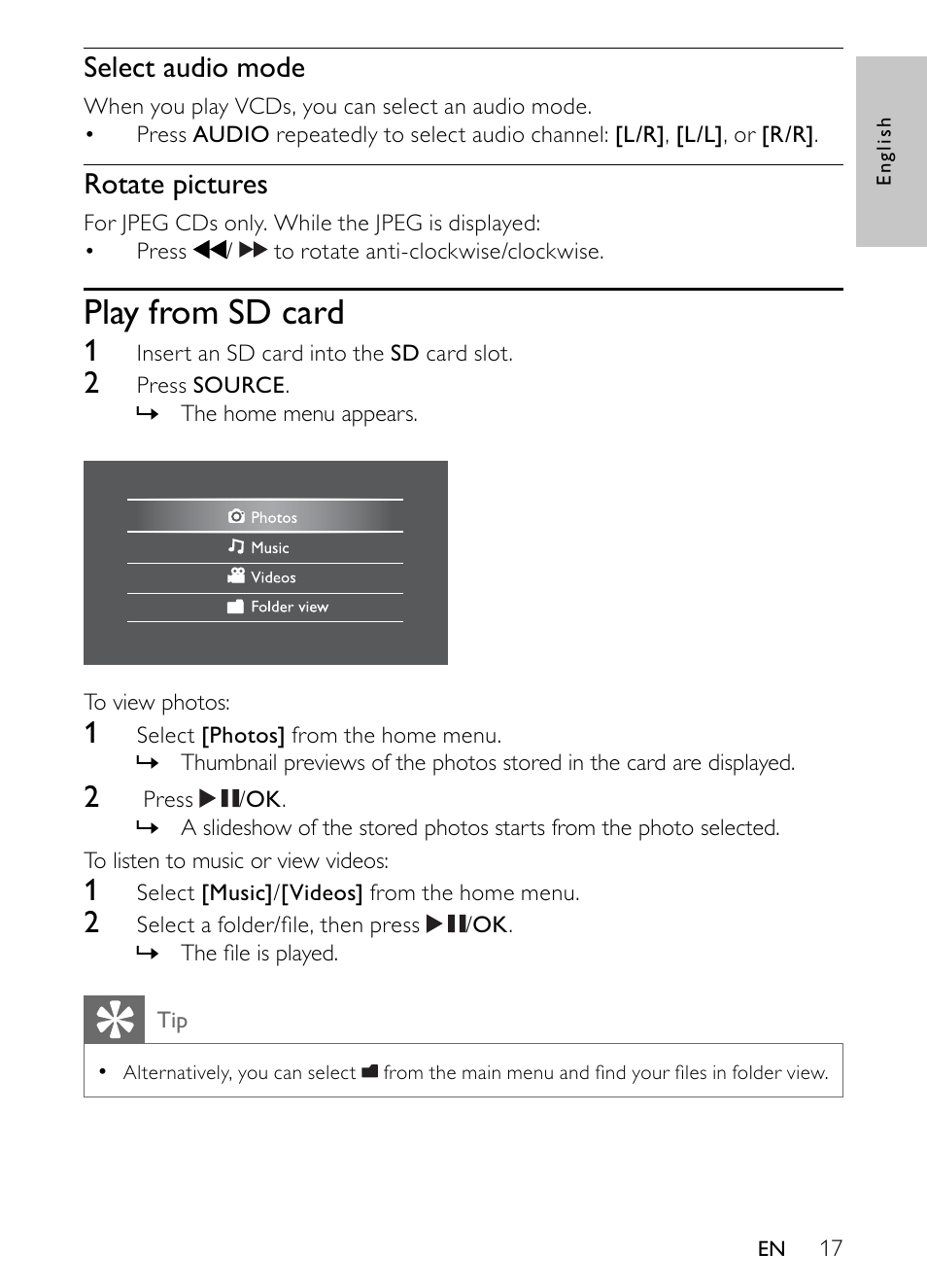 Play from sd card | Philips PET944/93 User Manual | Page 16 / 20