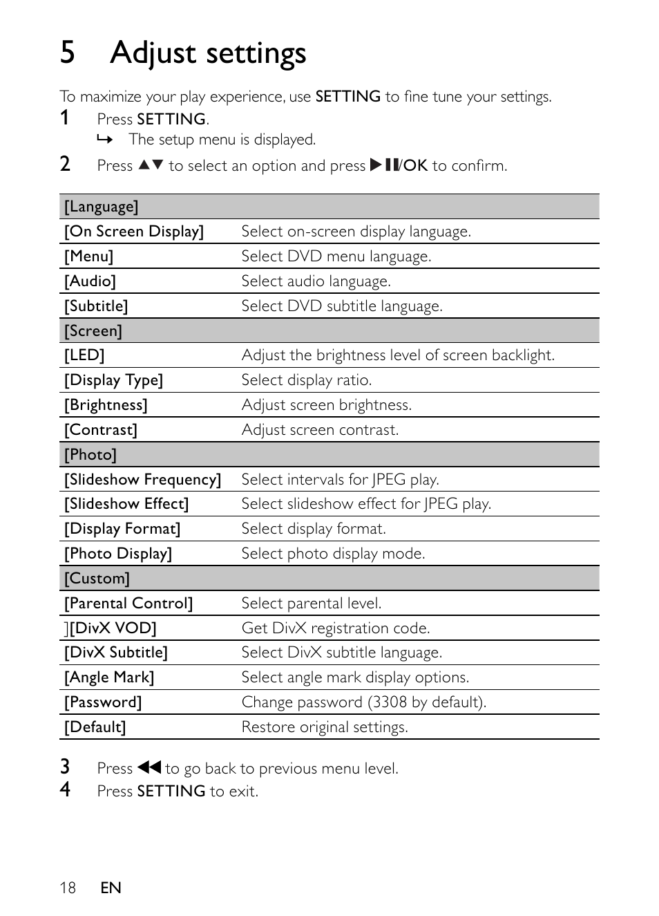 5 adjust settings | Philips PET944/93 User Manual | Page 17 / 20