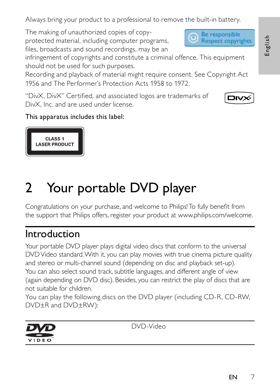 2 your portable dvd player | Philips PET944/93 User Manual | Page 6 / 20