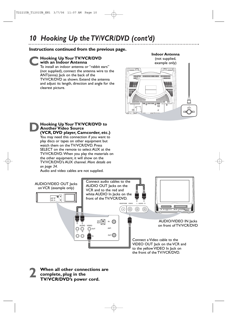 10 hooking up the tv/vcr/dvd (cont’d), Instructions continued from the previous page, Hooking up your tv/vcr/dvd with an indoor antenna | Philips 24MC4306 User Manual | Page 10 / 84