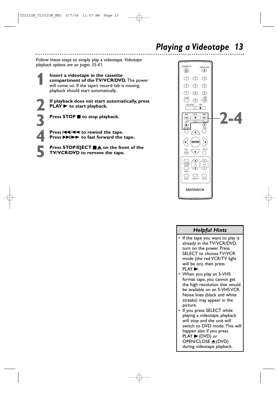 Playing a videotape 13, Helpful hints | Philips 24MC4306 User Manual | Page 13 / 84