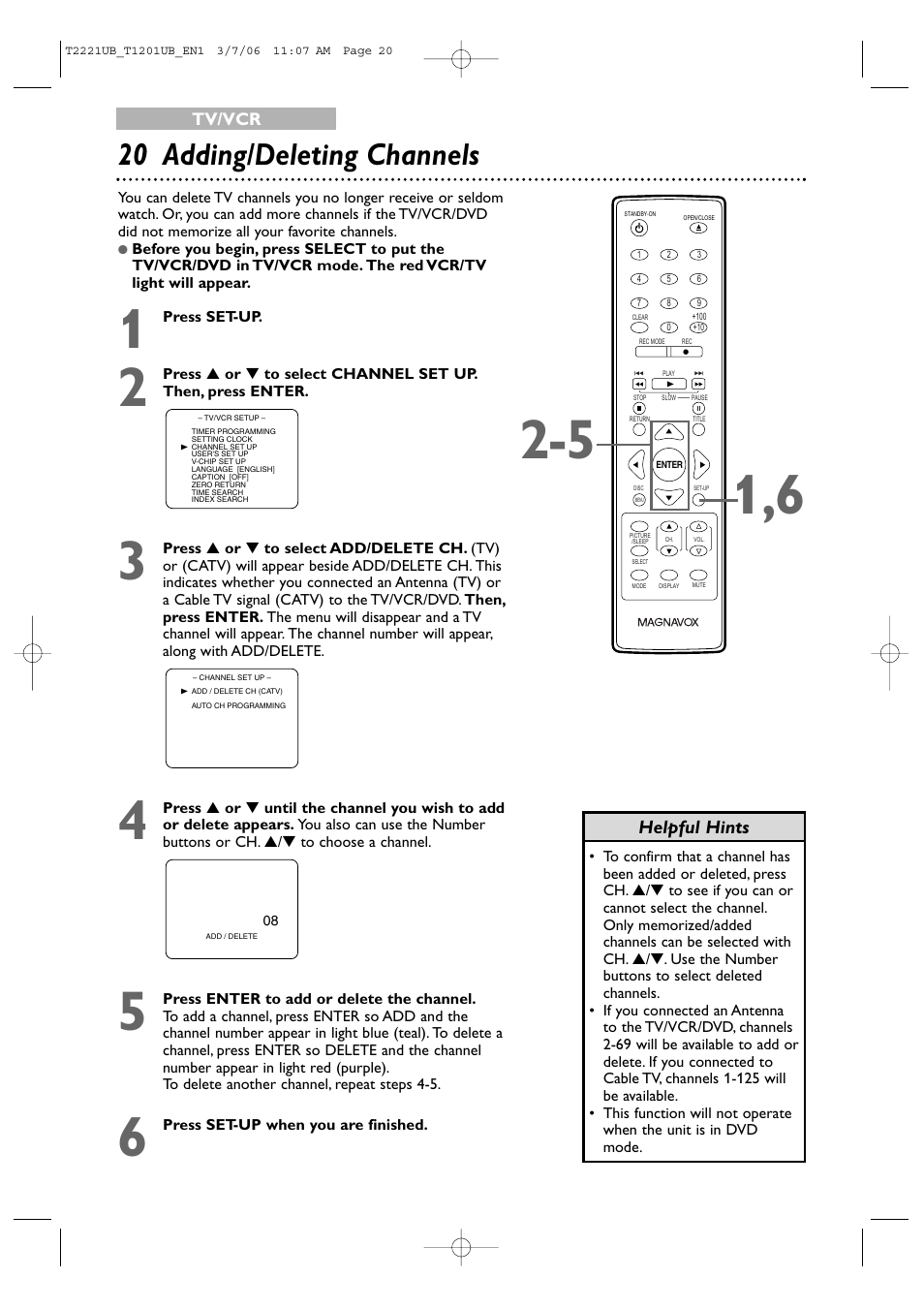 20 adding/deleting channels, Helpful hints | Philips 24MC4306 User Manual | Page 20 / 84