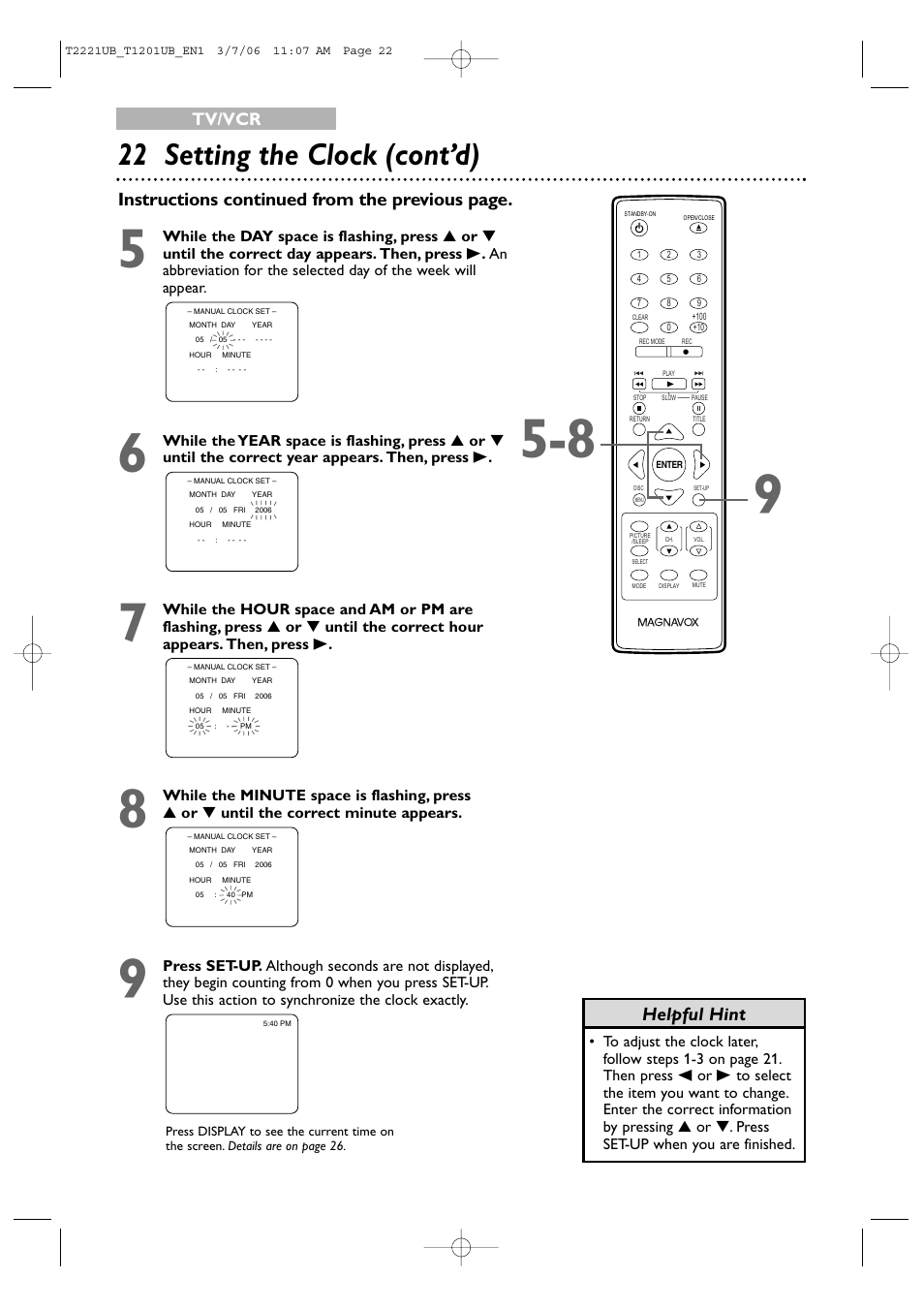 22 setting the clock (cont’d), Helpful hint, Instructions continued from the previous page | Tv/vcr | Philips 24MC4306 User Manual | Page 22 / 84