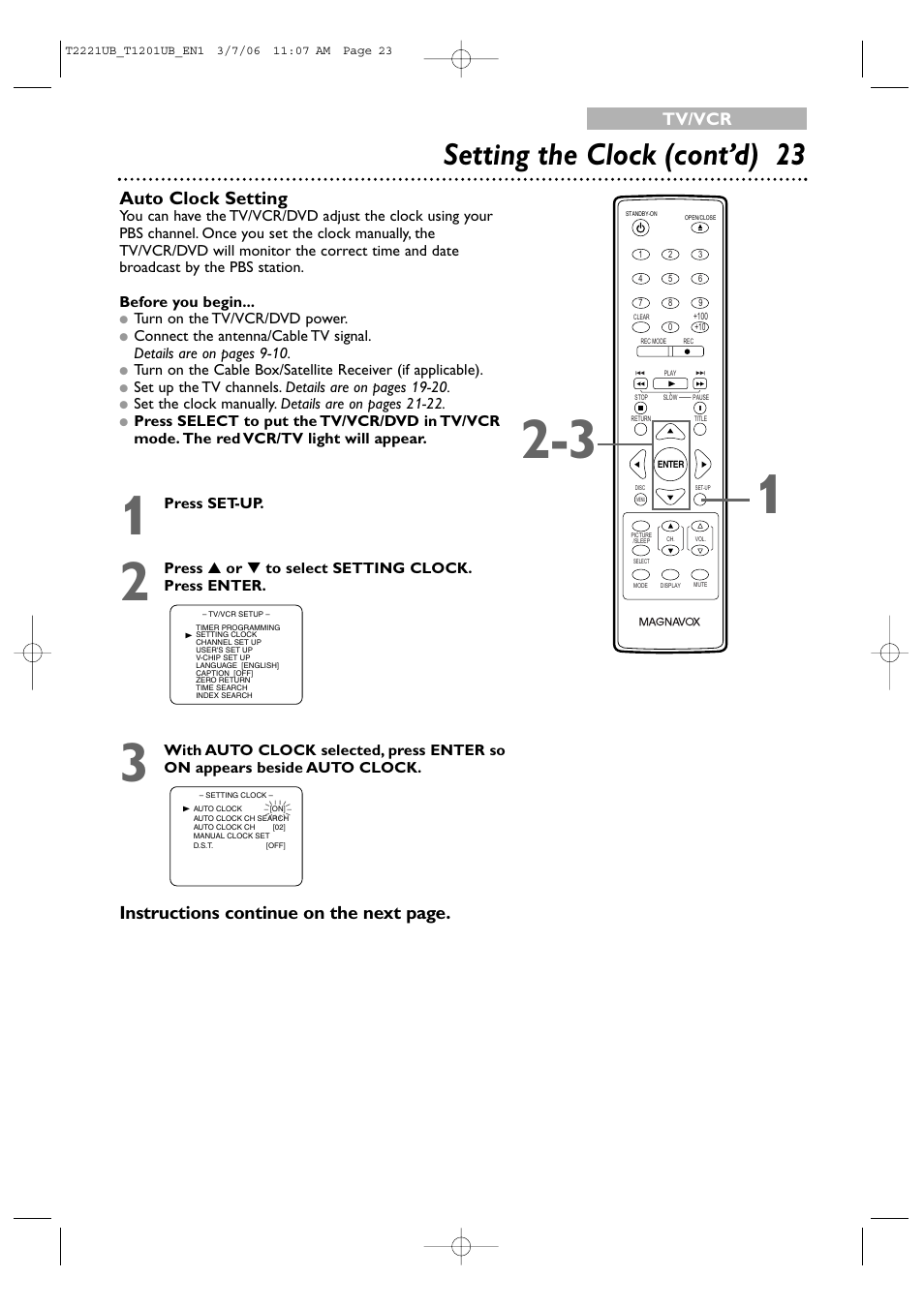 Setting the clock (cont’d) 23, Auto clock setting, Instructions continue on the next page | Tv/vcr | Philips 24MC4306 User Manual | Page 23 / 84