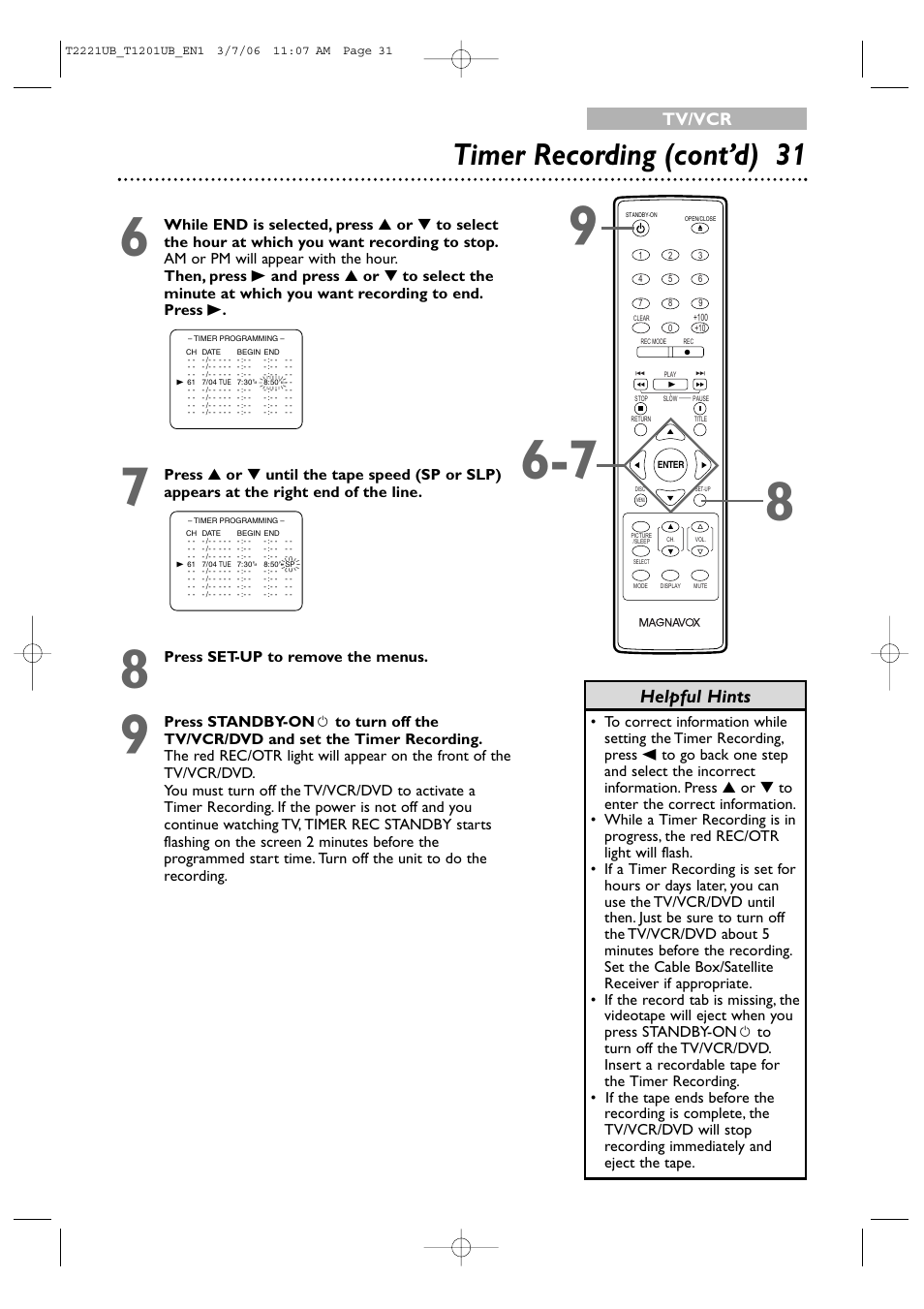 Timer recording (cont’d) 3 1, Helpful hints, Tv/vcr | Press set-up to remove the menus | Philips 24MC4306 User Manual | Page 31 / 84