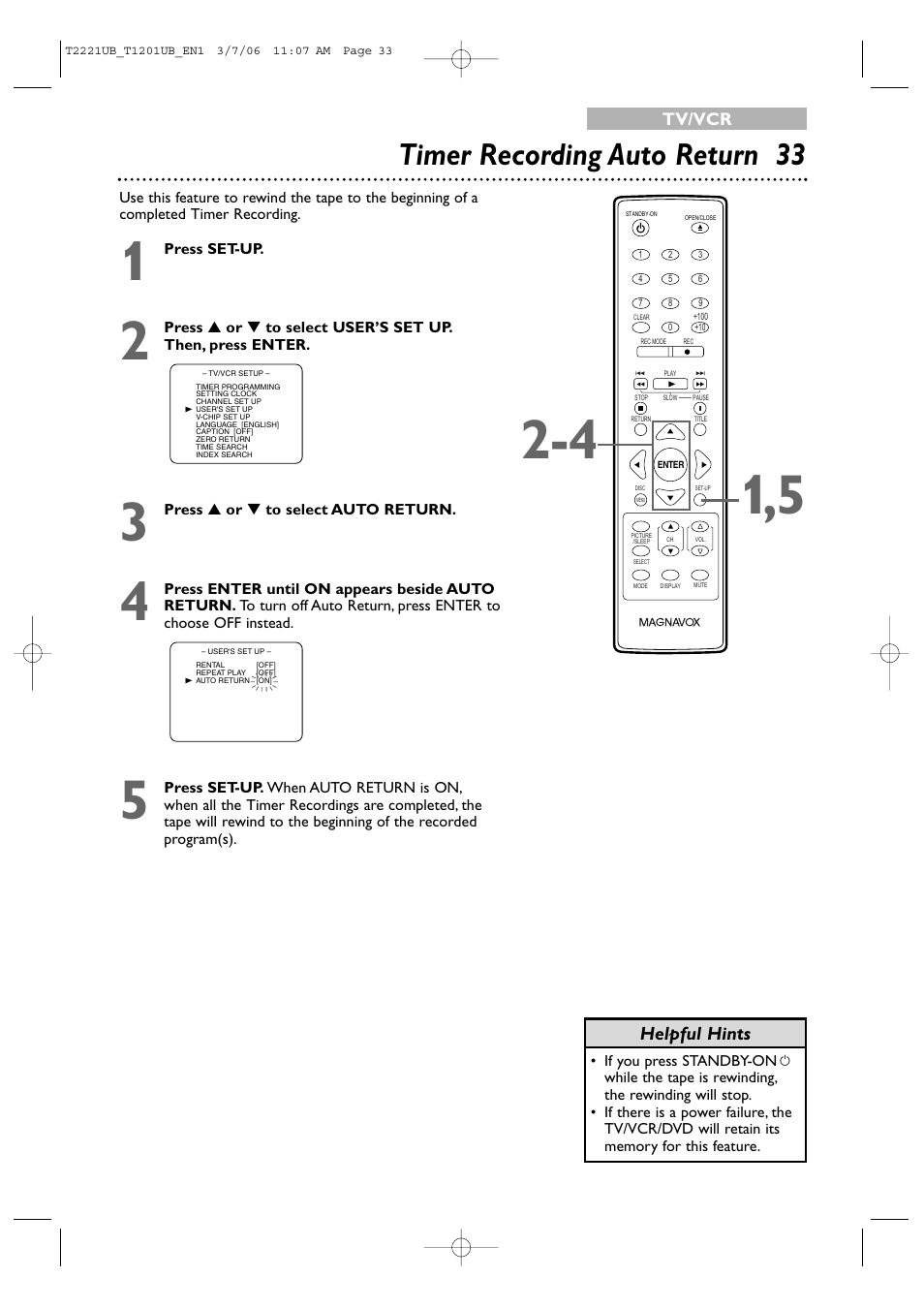 Timer recording auto return 33, Helpful hints | Philips 24MC4306 User Manual | Page 33 / 84
