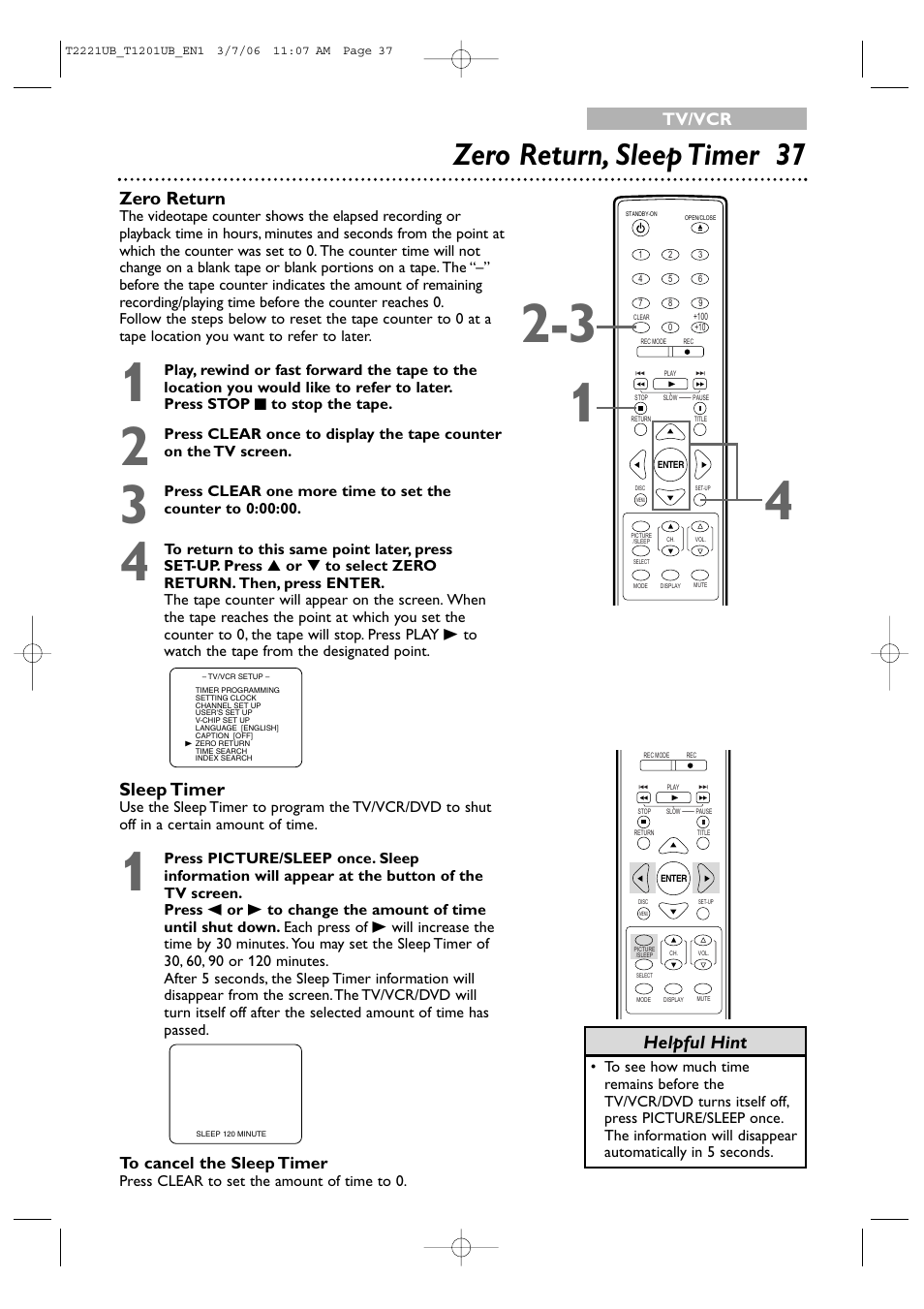 Zero return, sleep timer 37, Zero return, Sleep timer | Helpful hint, Tv/vcr | Philips 24MC4306 User Manual | Page 37 / 84