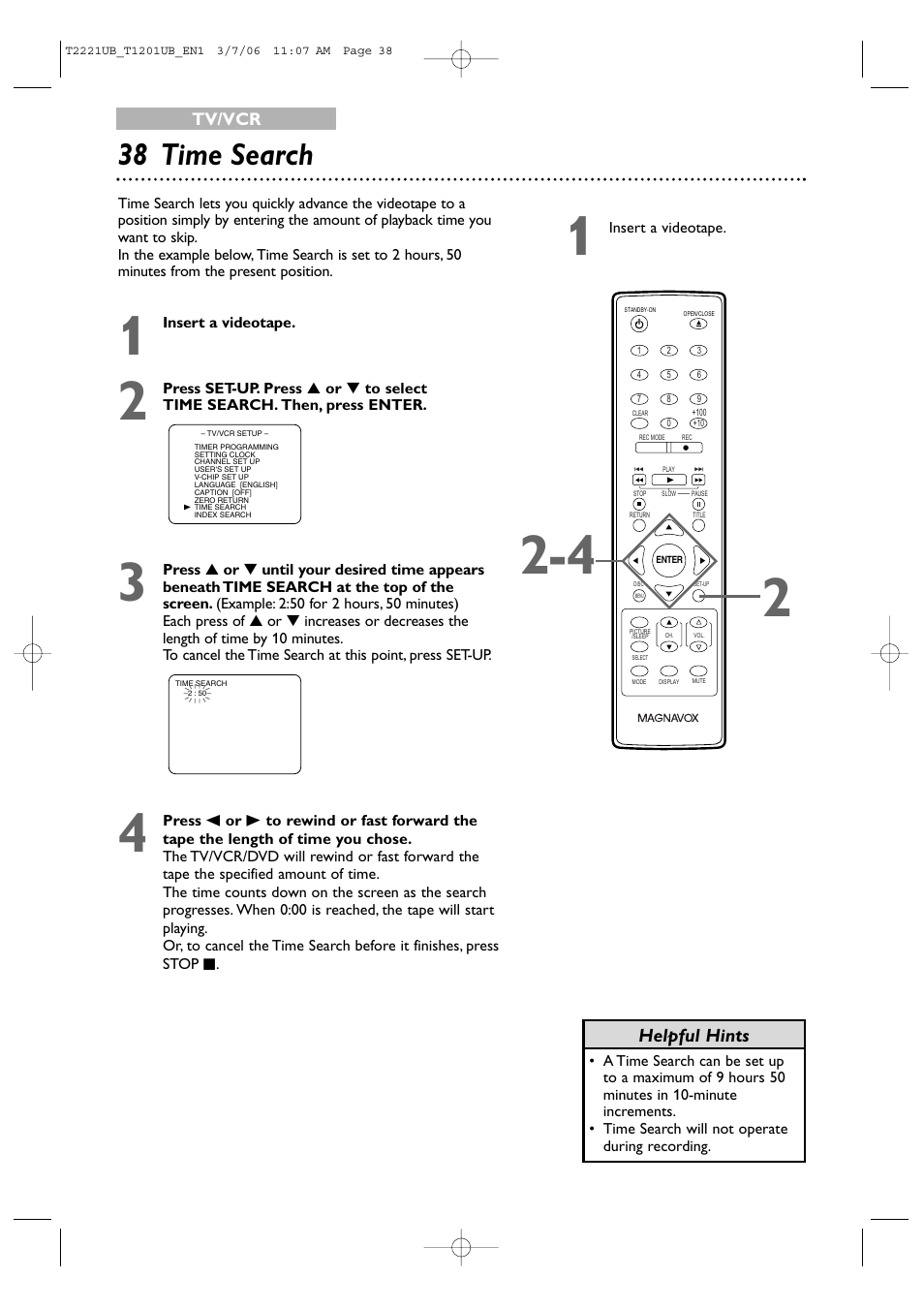 38 time search, Helpful hints | Philips 24MC4306 User Manual | Page 38 / 84
