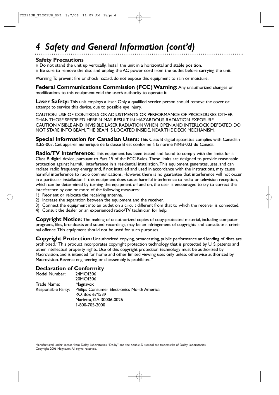 4 safety and general information (cont’d) | Philips 24MC4306 User Manual | Page 4 / 84