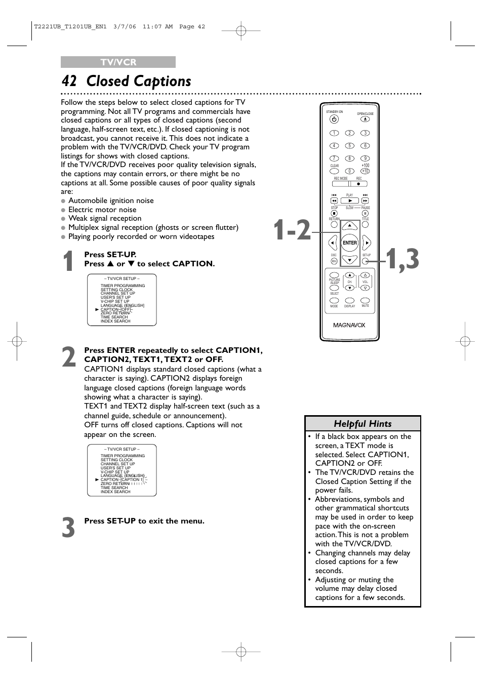 42 closed captions, Helpful hints, Tv/vcr | Philips 24MC4306 User Manual | Page 42 / 84