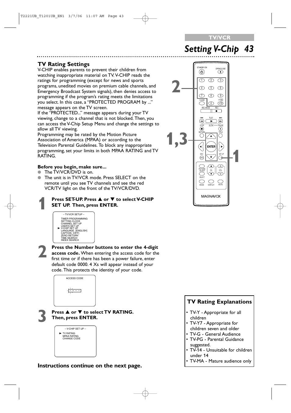 Setting v-chip 43, Tv rating explanations, Tv rating settings | Instructions continue on the next page, Tv/vcr | Philips 24MC4306 User Manual | Page 43 / 84
