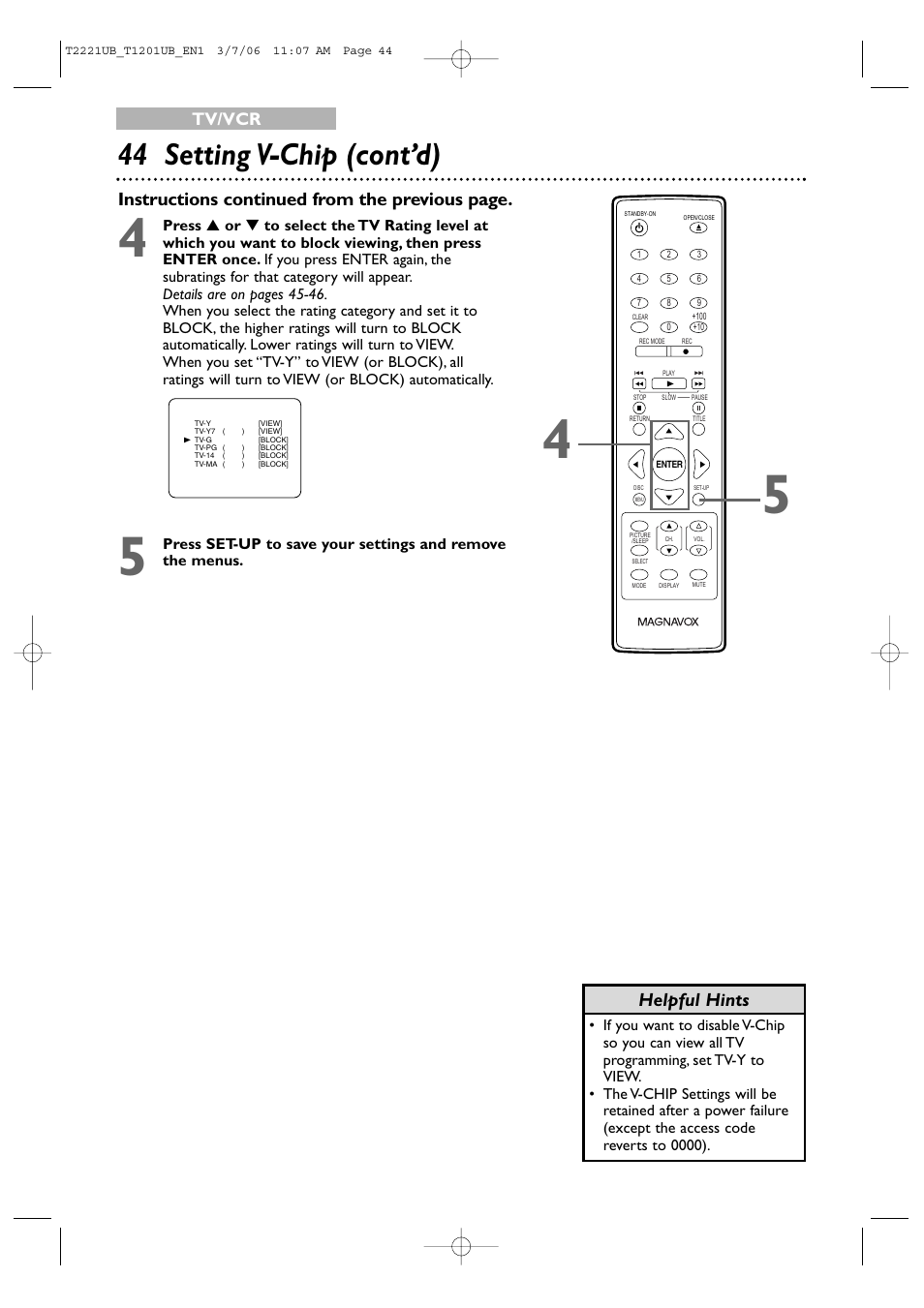 44 setting v-chip (cont’d), Tv/vcr | Philips 24MC4306 User Manual | Page 44 / 84