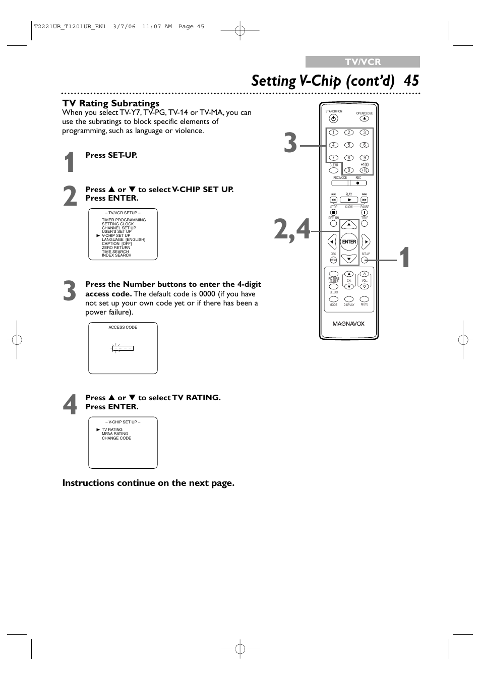 Setting v-chip (cont’d) 45, Tv rating subratings, Instructions continue on the next page | Philips 24MC4306 User Manual | Page 45 / 84