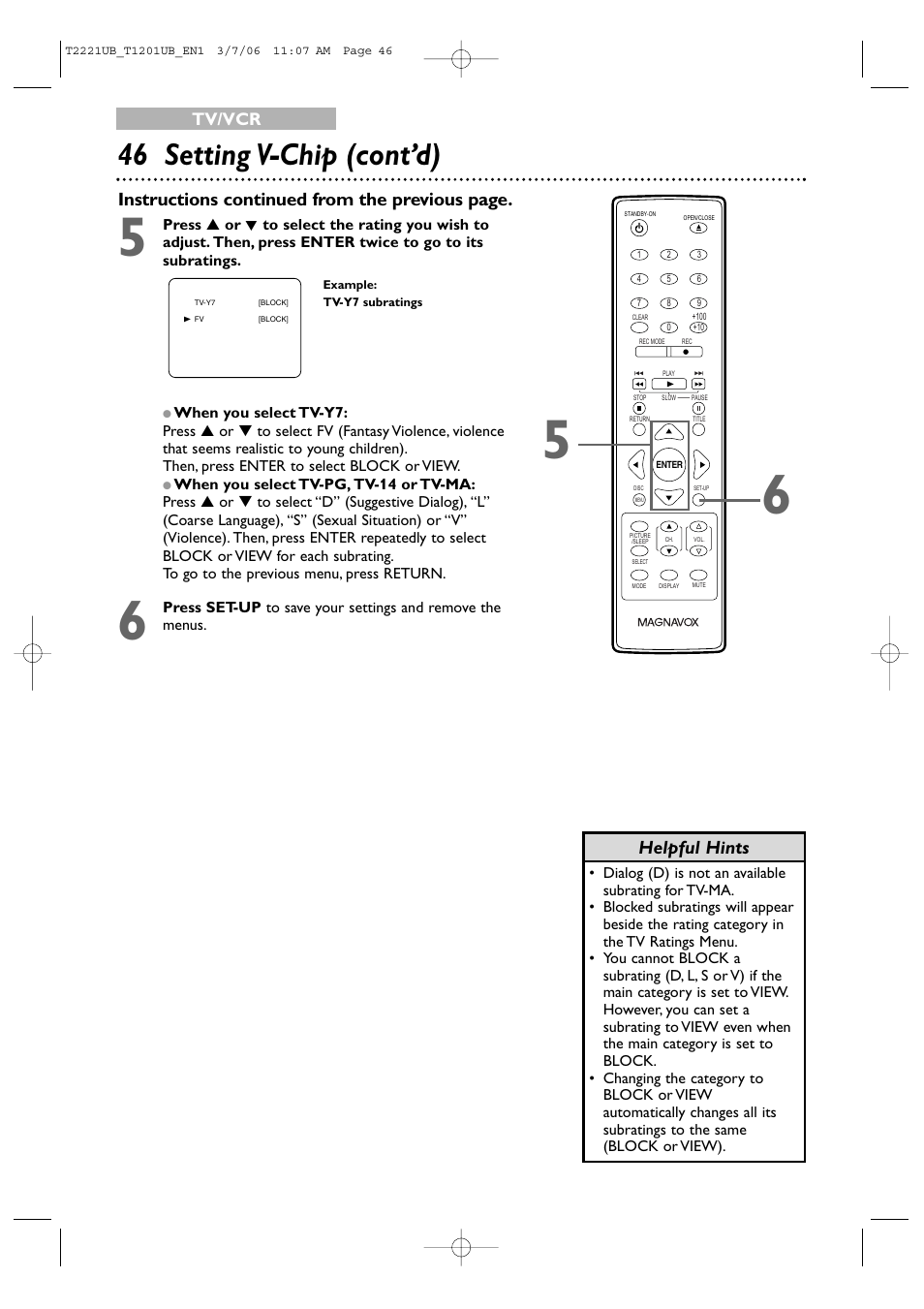 46 setting v-chip (cont’d), Tv/vcr | Philips 24MC4306 User Manual | Page 46 / 84