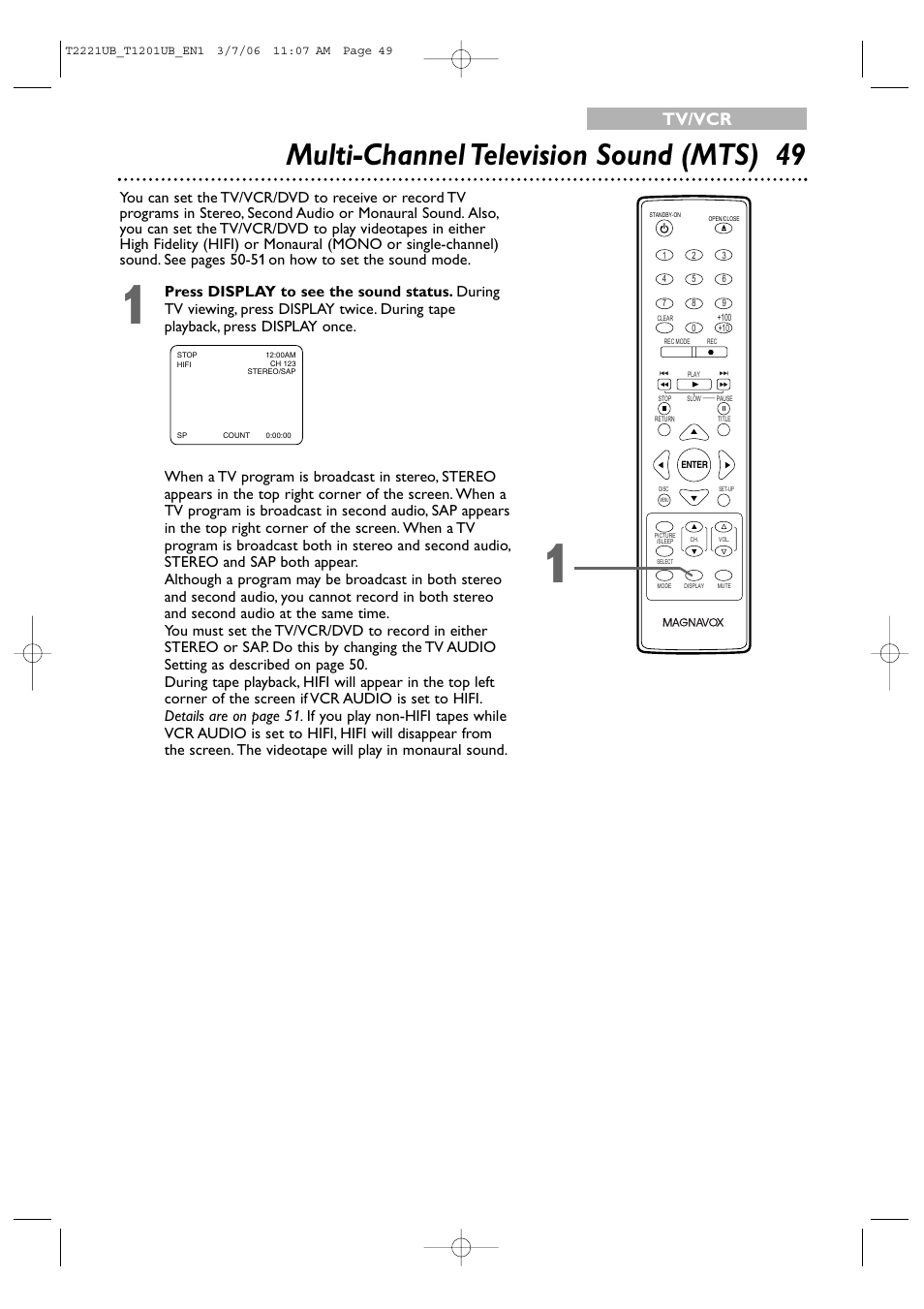 Multi-channel television sound (mts) 49, Tv/vcr | Philips 24MC4306 User Manual | Page 49 / 84