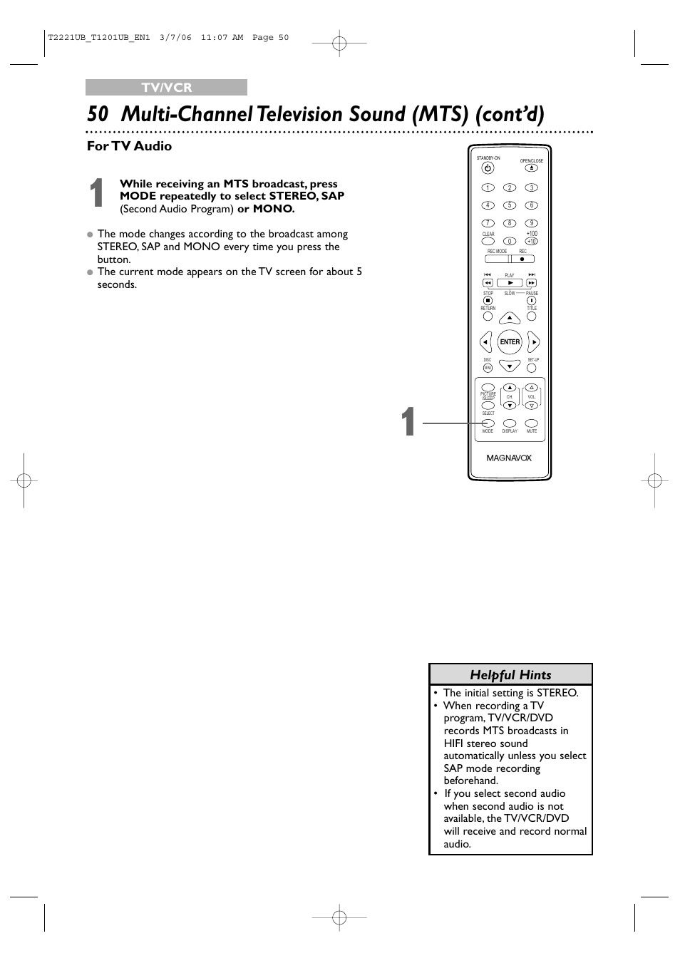 50 multi-channel television sound (mts) (cont’d), Helpful hints for tv audio, Tv/vcr | Philips 24MC4306 User Manual | Page 50 / 84