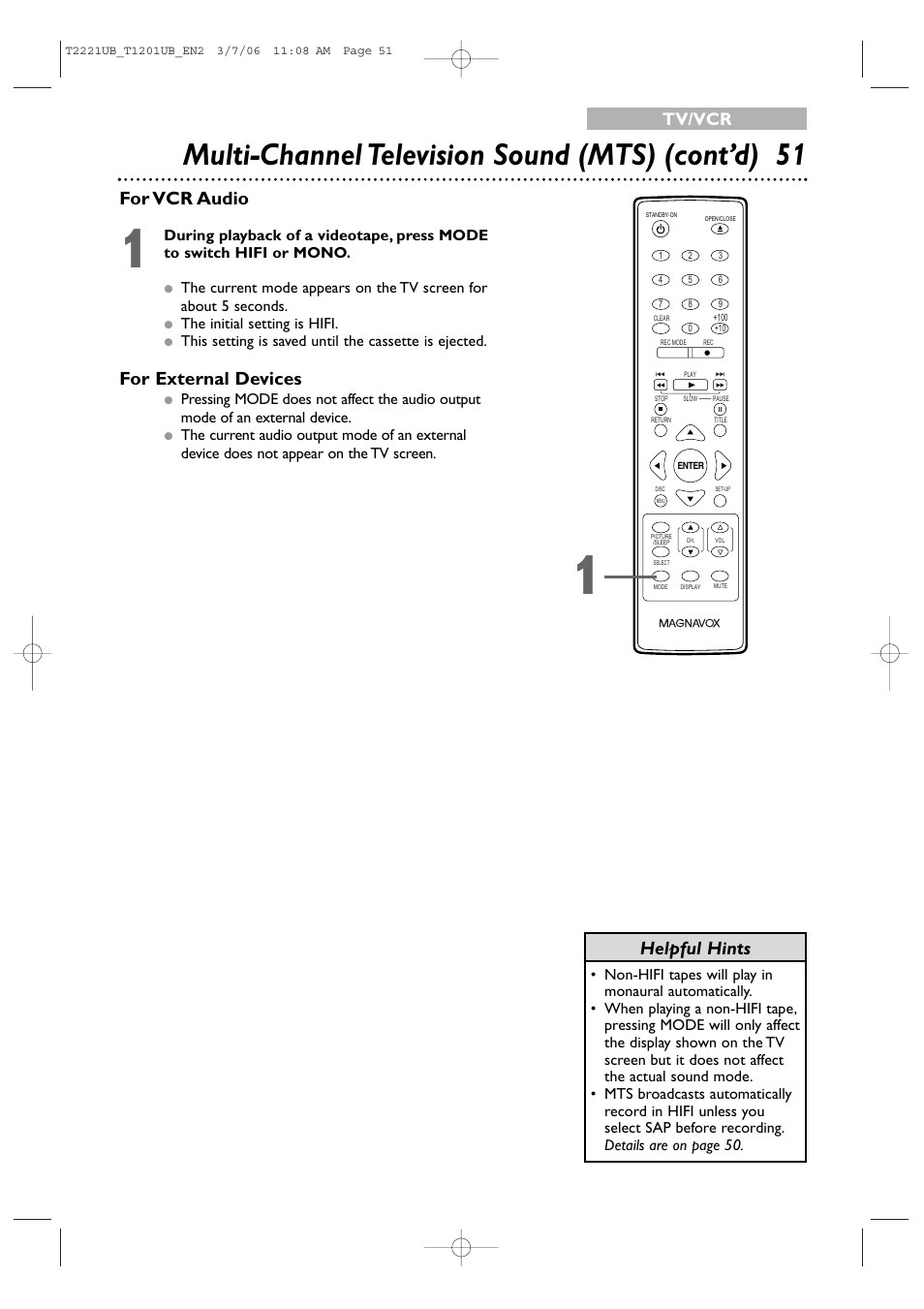 Multi-channel television sound (mts) (cont’d) 5 1, Helpful hints for vcr audio, For external devices | Tv/vcr | Philips 24MC4306 User Manual | Page 51 / 84
