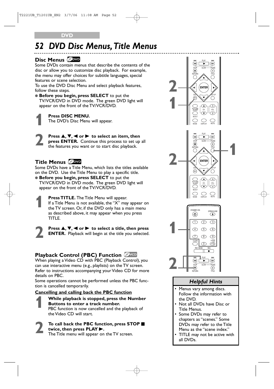 52 dvd disc menus, title menus, Title menus, Playback control (pbc) function | Disc menus, Helpful hints | Philips 24MC4306 User Manual | Page 52 / 84