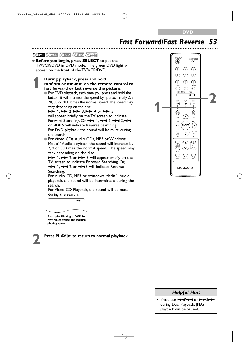 Fast forward/fast reverse 53, Helpful hint | Philips 24MC4306 User Manual | Page 53 / 84