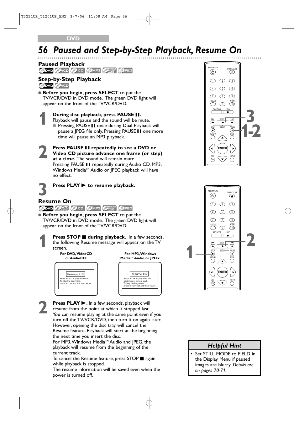 56 paused and step-by-step playback, resume on, Paused playback step-by-step playback, Resume on | Helpful hint | Philips 24MC4306 User Manual | Page 56 / 84