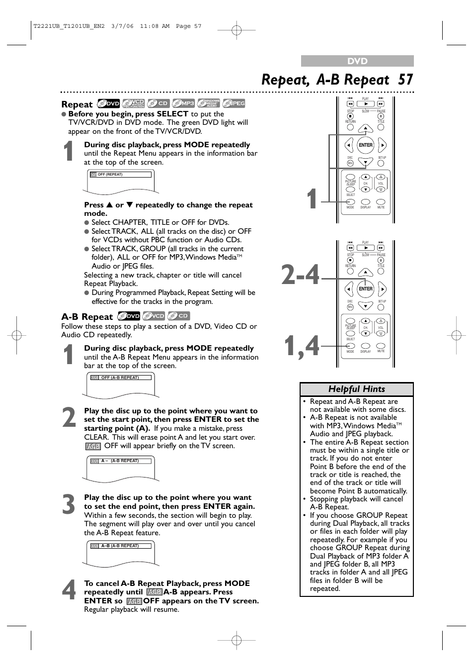 Repeat, a-b repeat 57, Repeat, A-b repeat | Helpful hints | Philips 24MC4306 User Manual | Page 57 / 84