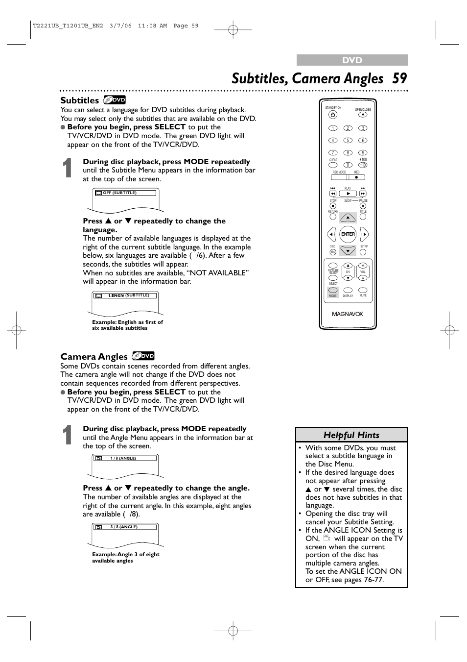 Subtitles, camera angles 59, Camera angles, Subtitles | Helpful hints | Philips 24MC4306 User Manual | Page 59 / 84