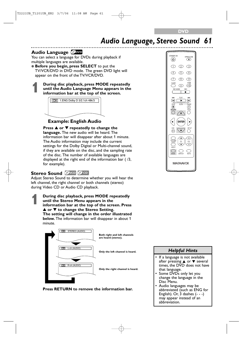 Audio language, stereo sound 6 1, Audio language, Stereo sound | Helpful hints, Example: english audio | Philips 24MC4306 User Manual | Page 61 / 84