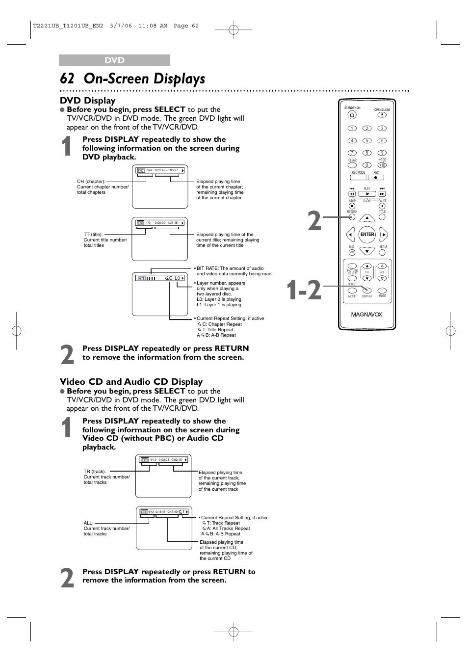 62 on-screen displays, Video cd and audio cd display, Dvd display | Philips 24MC4306 User Manual | Page 62 / 84