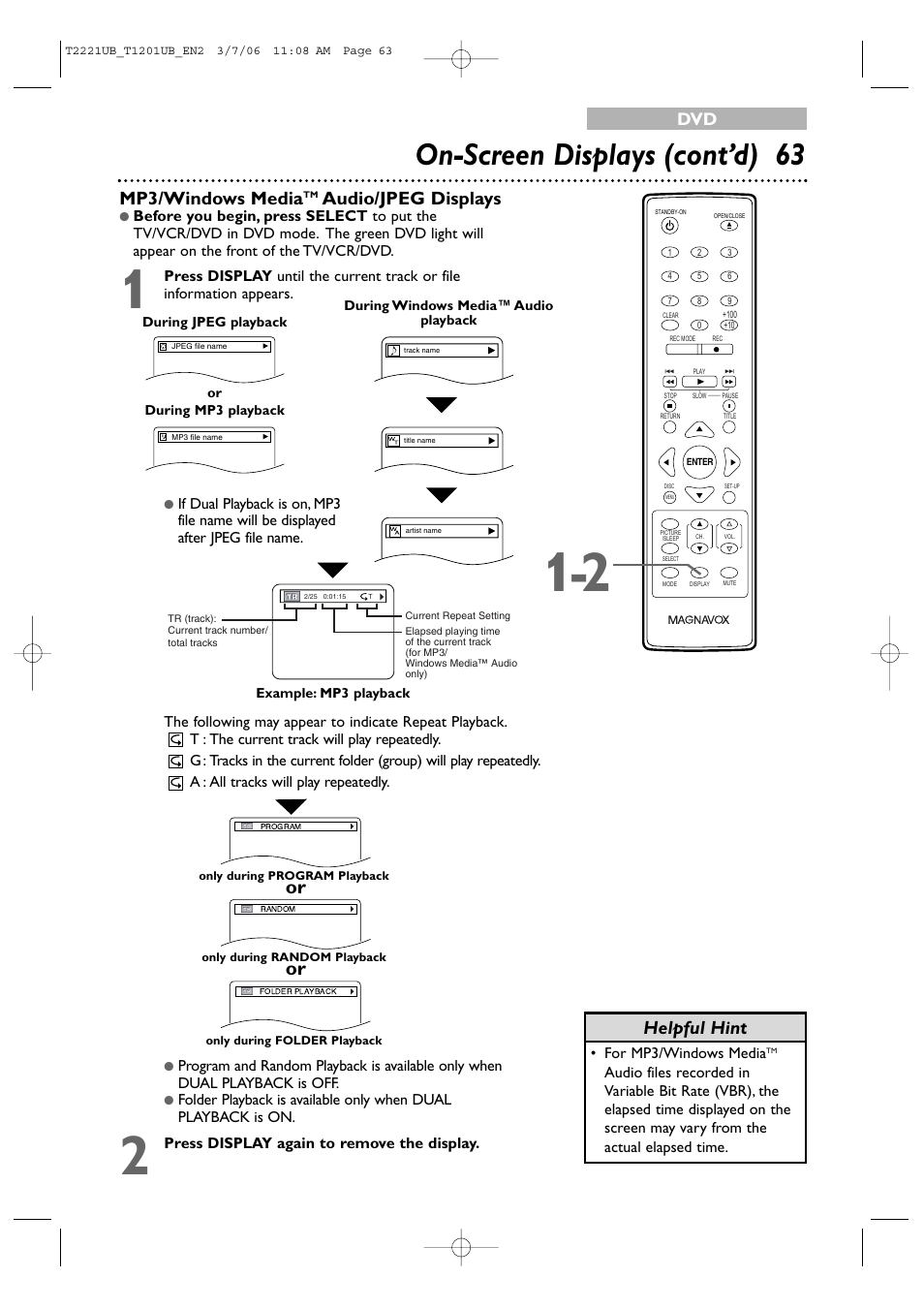 On-screen displays (cont’d) 63, Mp3/windows media, Audio/jpeg displays | Helpful hint, Press display again to remove the display | Philips 24MC4306 User Manual | Page 63 / 84