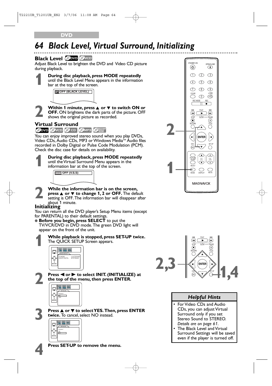 64 black level, virtual surround, initializing, Black level, Virtual surround | Initializing, Helpful hints | Philips 24MC4306 User Manual | Page 64 / 84