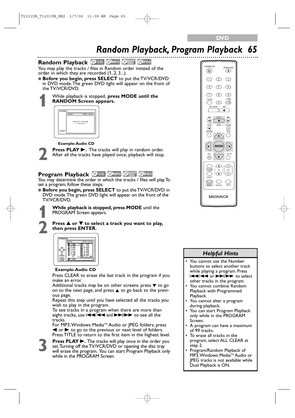 Random playback, program playback 65, Program playback, Random playback | Helpful hints | Philips 24MC4306 User Manual | Page 65 / 84