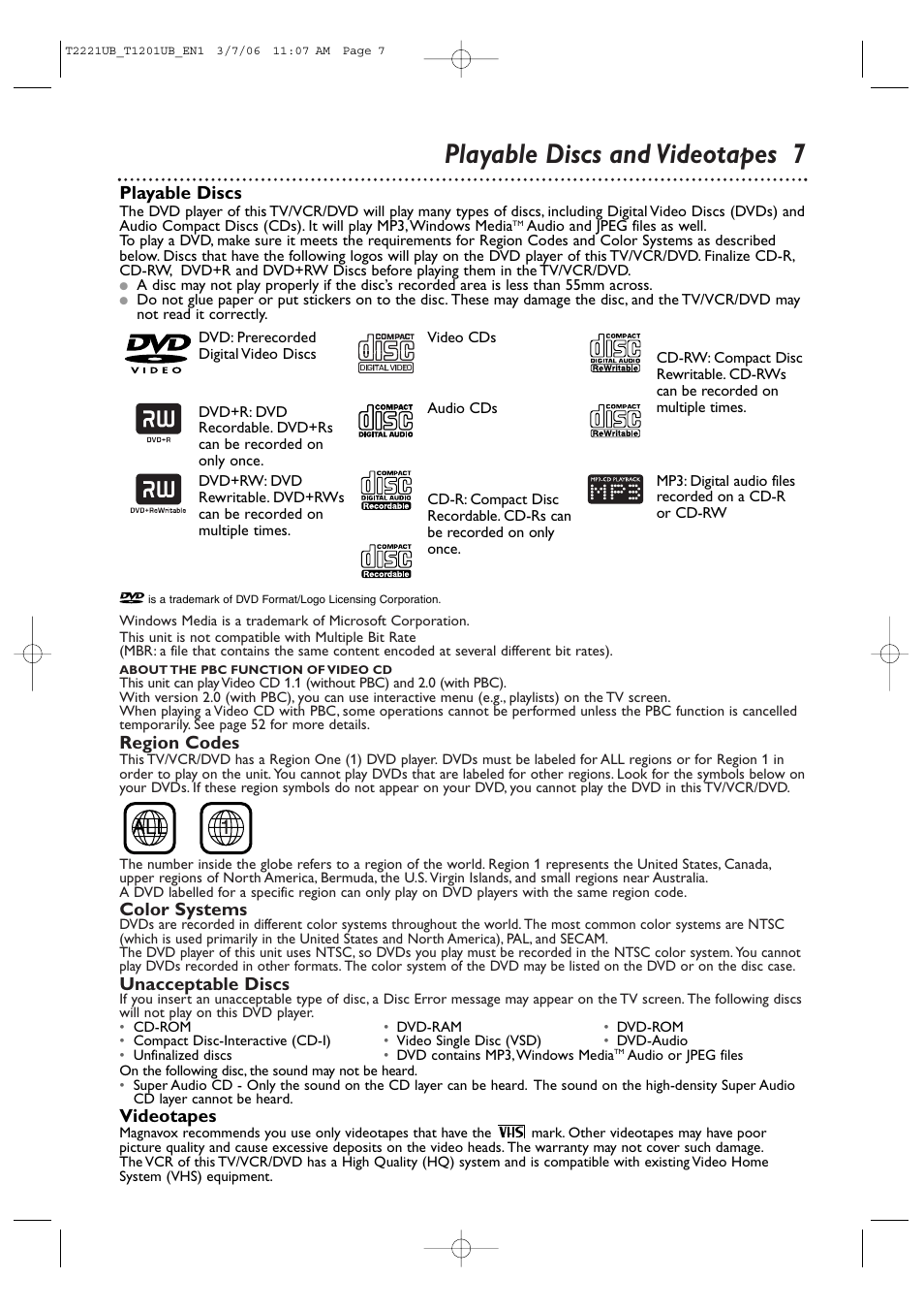 Playable discs and videotapes 7, Region codes, Color systems | Unacceptable discs, Videotapes, Playable discs | Philips 24MC4306 User Manual | Page 7 / 84